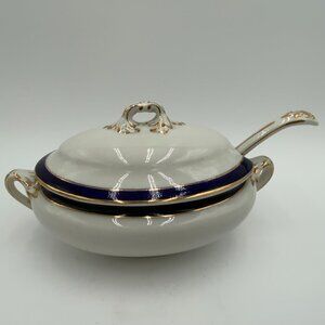 Vtg Booths Silicon China Cobalt Blue, White & Gold Covered Gravy & Ladle England